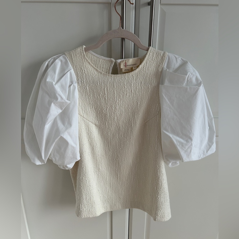 Anthropologie Cream Textured Top with White Puff Sleeves